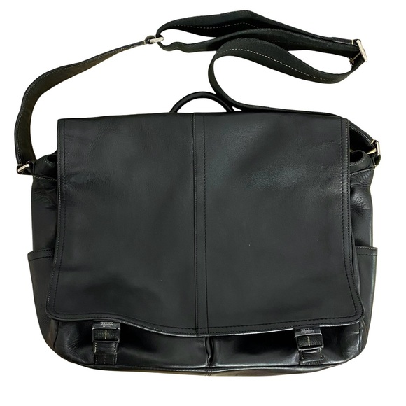 Coach Leather Messenger Bag Briefcase Mens Unisex Large Black Pockets - Picture 1 of 16